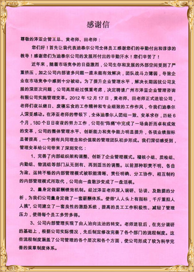 迪泰尔对泽亚管理咨询的感谢